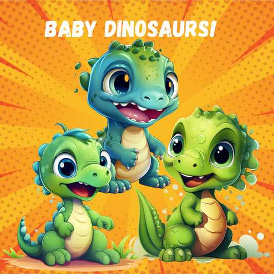 Three cartoon baby dinosaurs on an orange background with 'BABY DINOSAURS!' text.