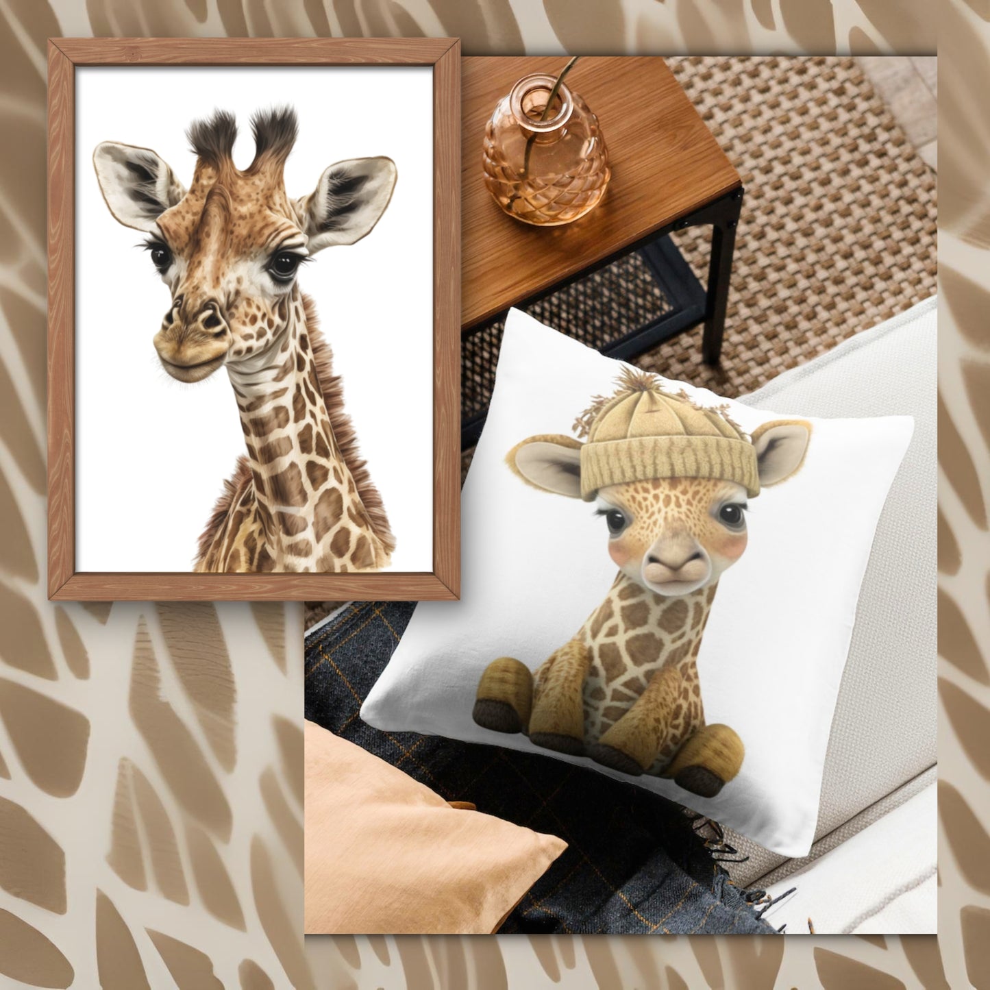 Framed picture of a giraffe and a pillow with a giraffe wearing a hat on a textured surface.