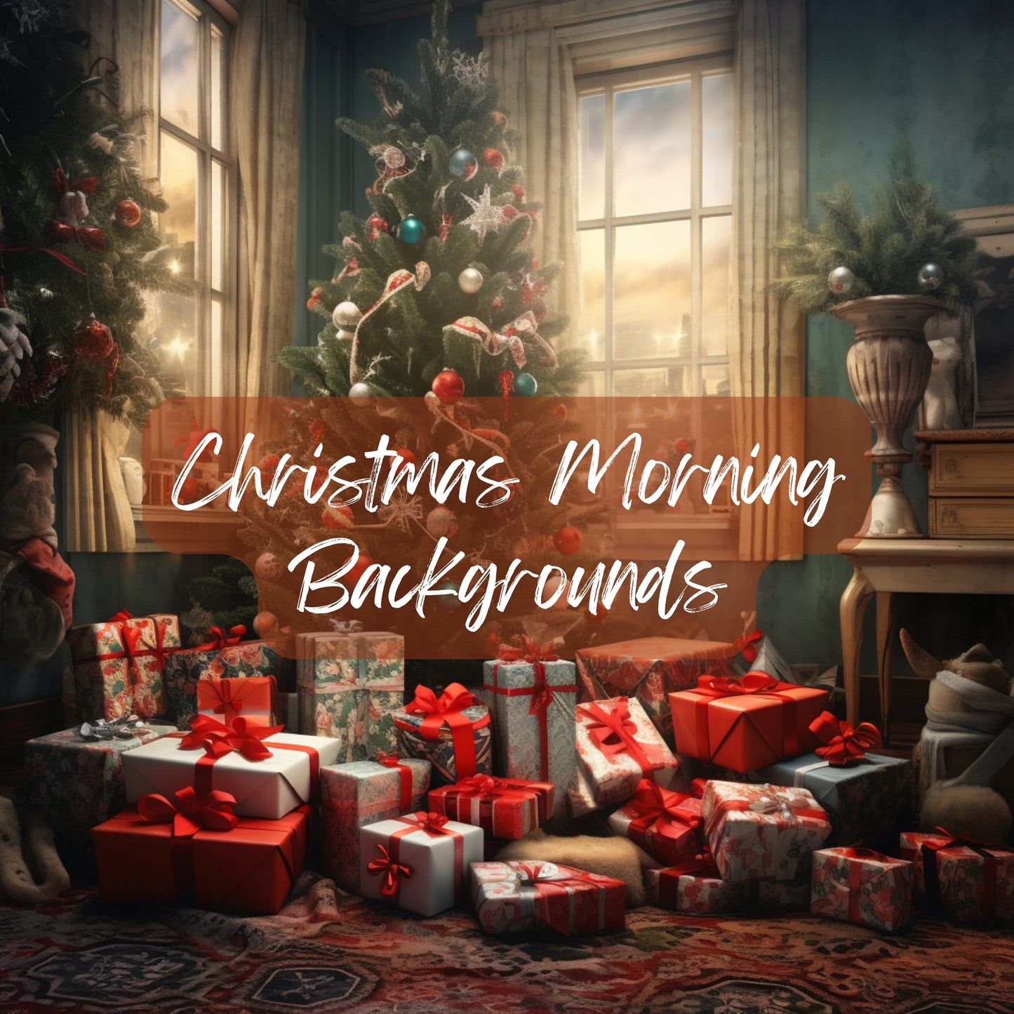 Decorated Christmas tree with presents in a room, text overlay 'Christmas Morning Backgrounds'.