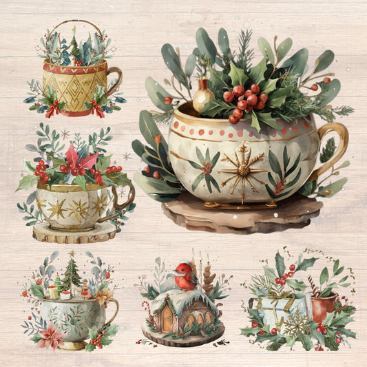 Decorative illustration of teacups with festive elements on a wooden background