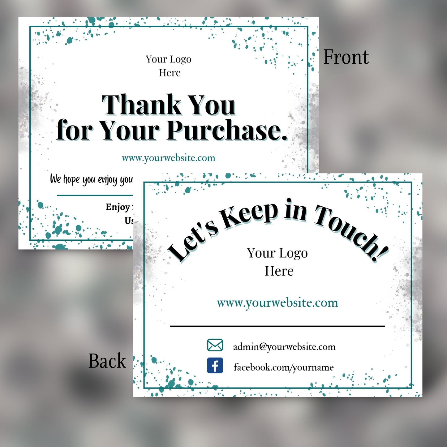 Two sides of a promotional card with contact information and branding placeholders.