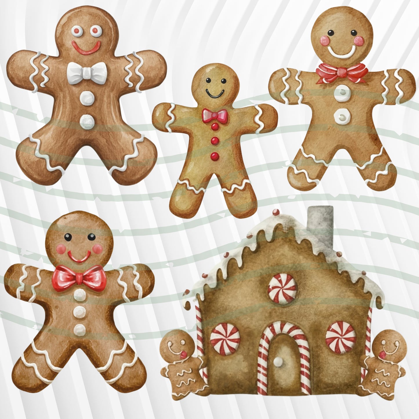 Illustration of gingerbread men and a house with candy decorations on a white background