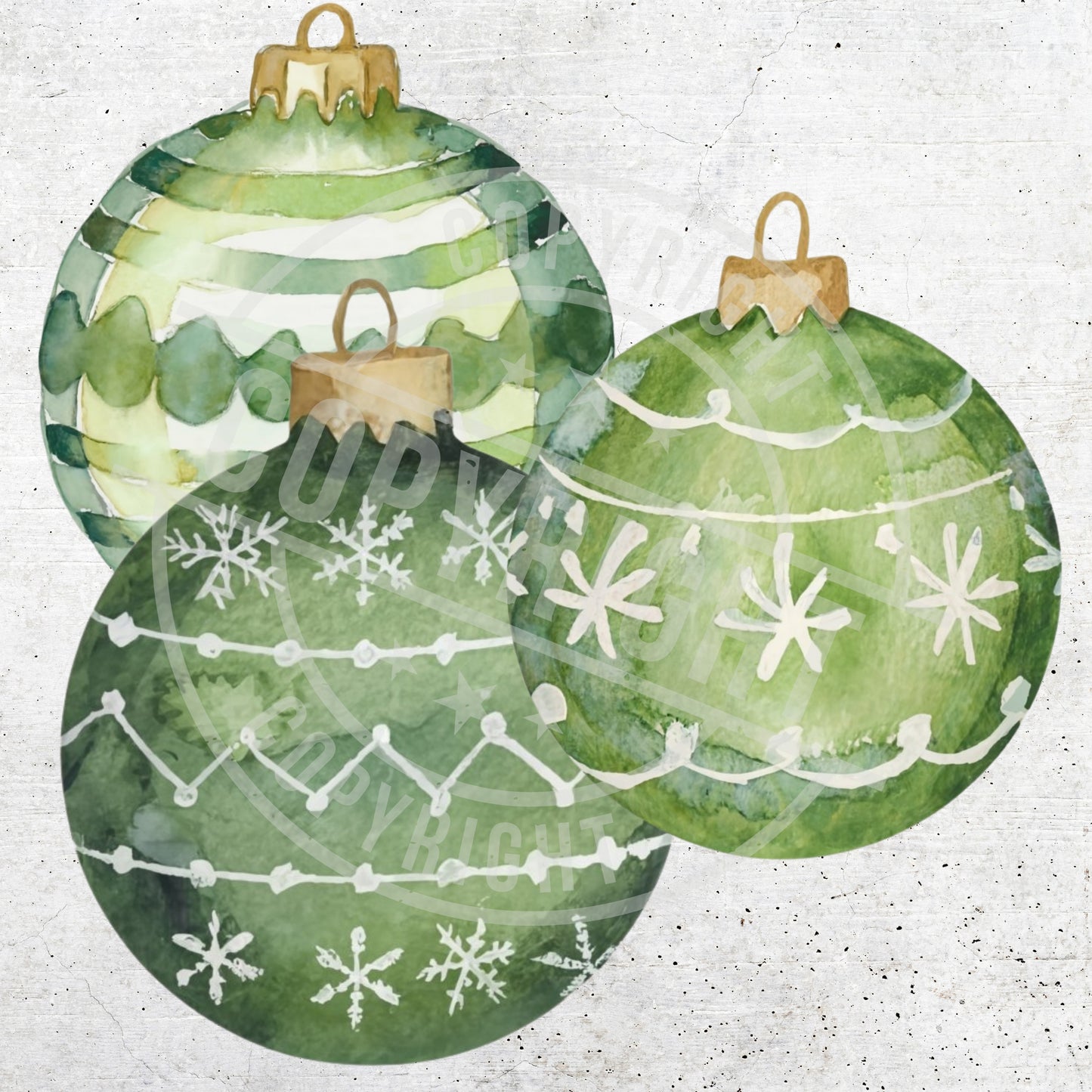 Green Christmas ornaments with snowflake patterns on a textured white background