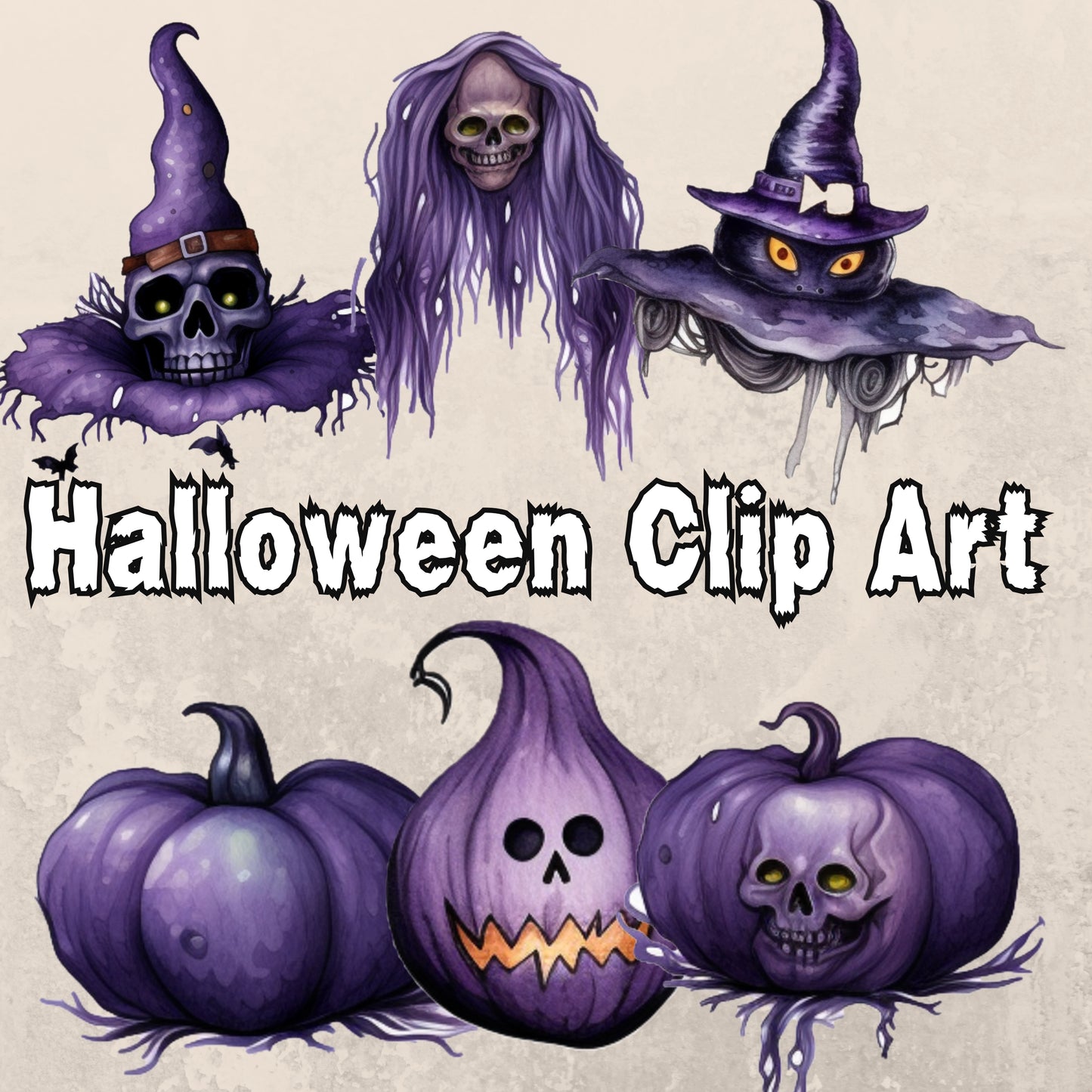 Halloween-themed clip art with purple pumpkins and skulls on a beige background.