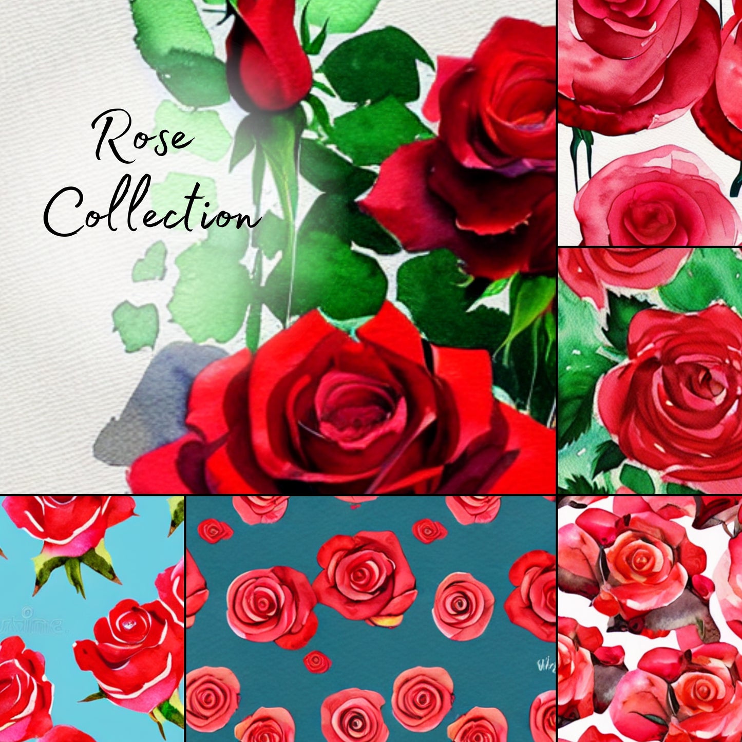Collage of red and pink roses with green leaves on a white background, labeled 'Rose Collection'.