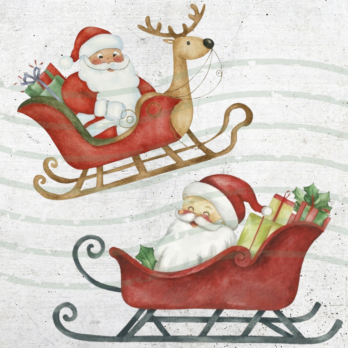 Two illustrations of Santa Claus in sleighs with reindeer on a textured white background.