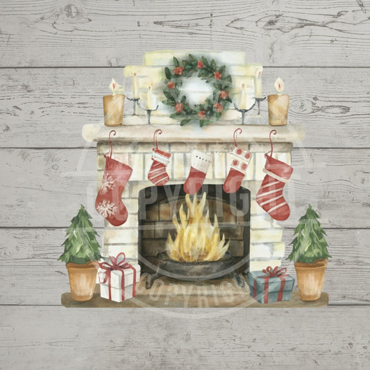 Christmas-themed scene with a fireplace, stockings, and decorative items on a wooden background.