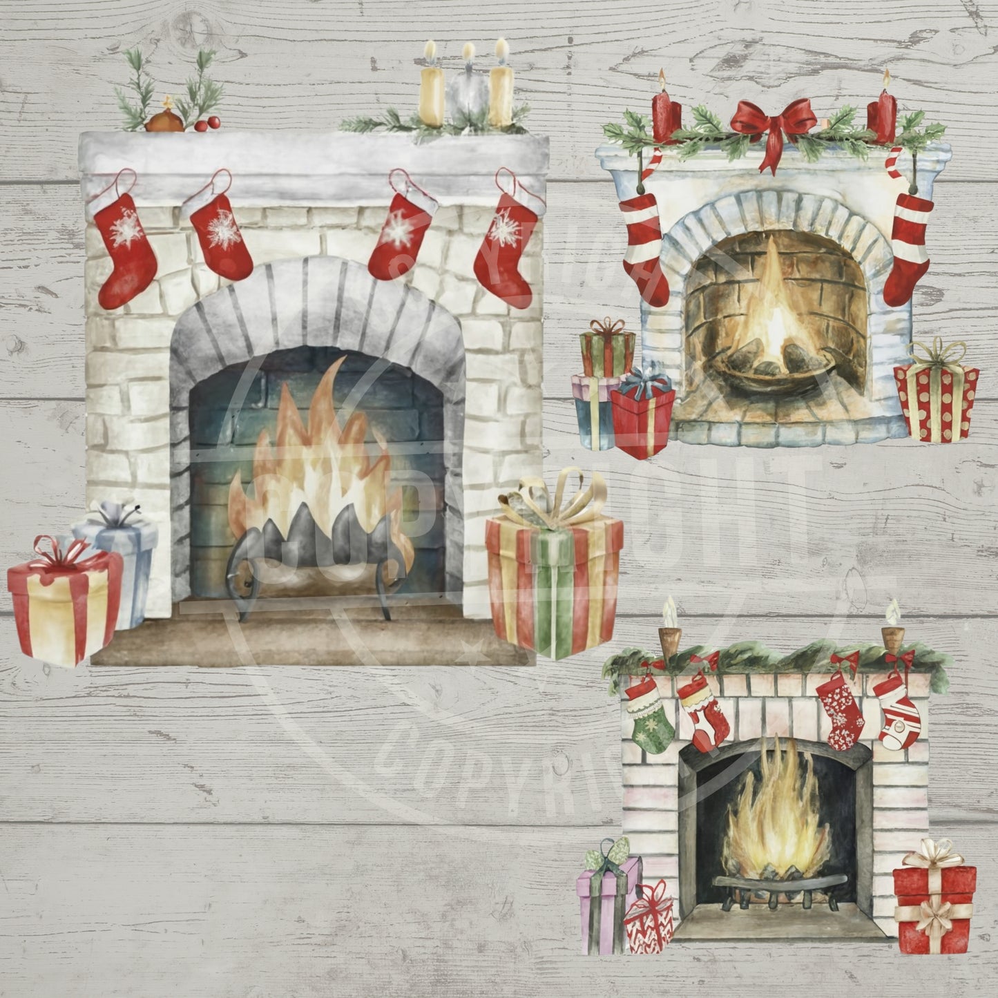 Two Christmas-themed fireplace illustrations with stockings, presents, and a fire.