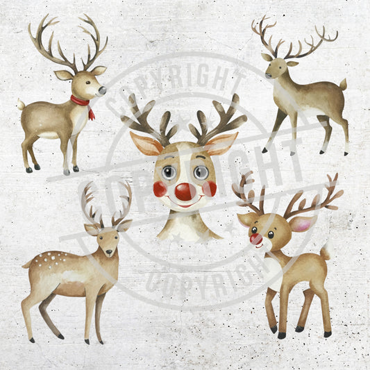 Illustration of a reindeer with a red nose surrounded by other reindeer on a textured white background.