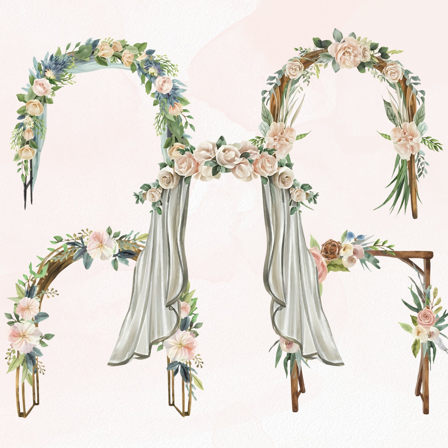 Decorative floral arches with ribbons on a light pink background
