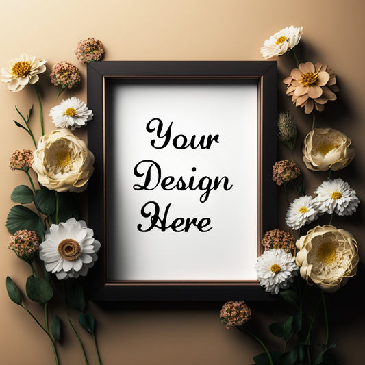 Blank photo frame with flowers on a beige background