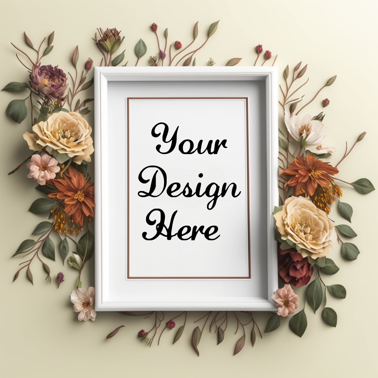 White frame with 'Your Design Here' text surrounded by autumnal flowers and leaves on a beige background