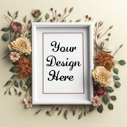 White frame with 'Your Design Here' text surrounded by autumnal flowers and leaves on a beige background
