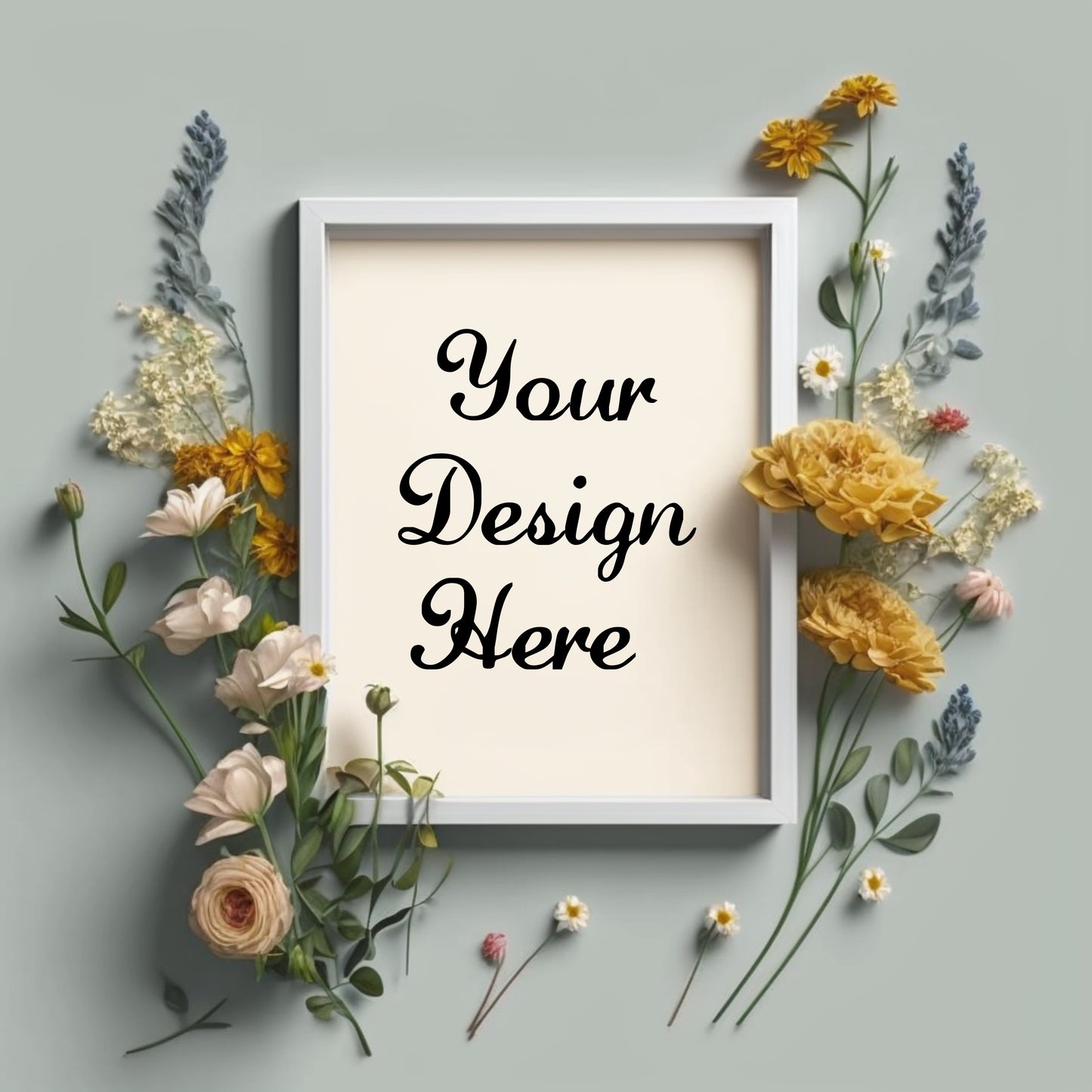 White frame with 'Your Design Here' text surrounded by flowers on a gray background