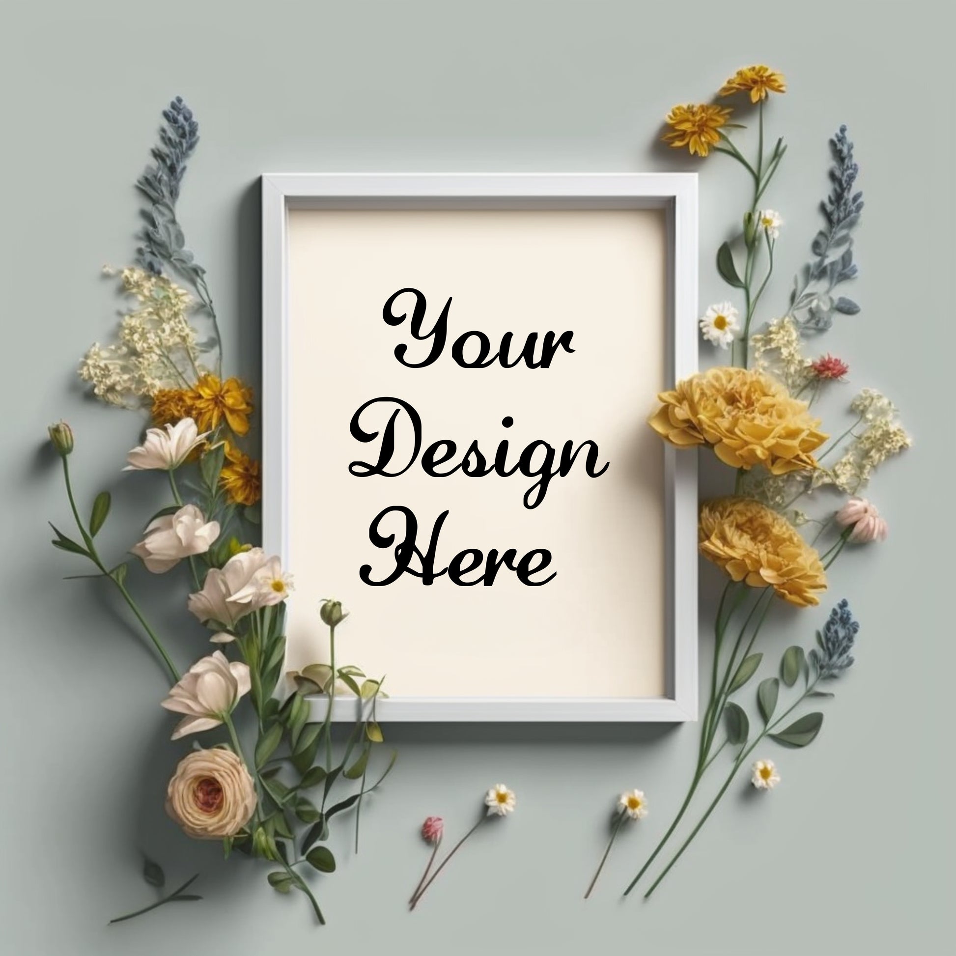 White frame with 'Your Design Here' text surrounded by flowers on a gray background