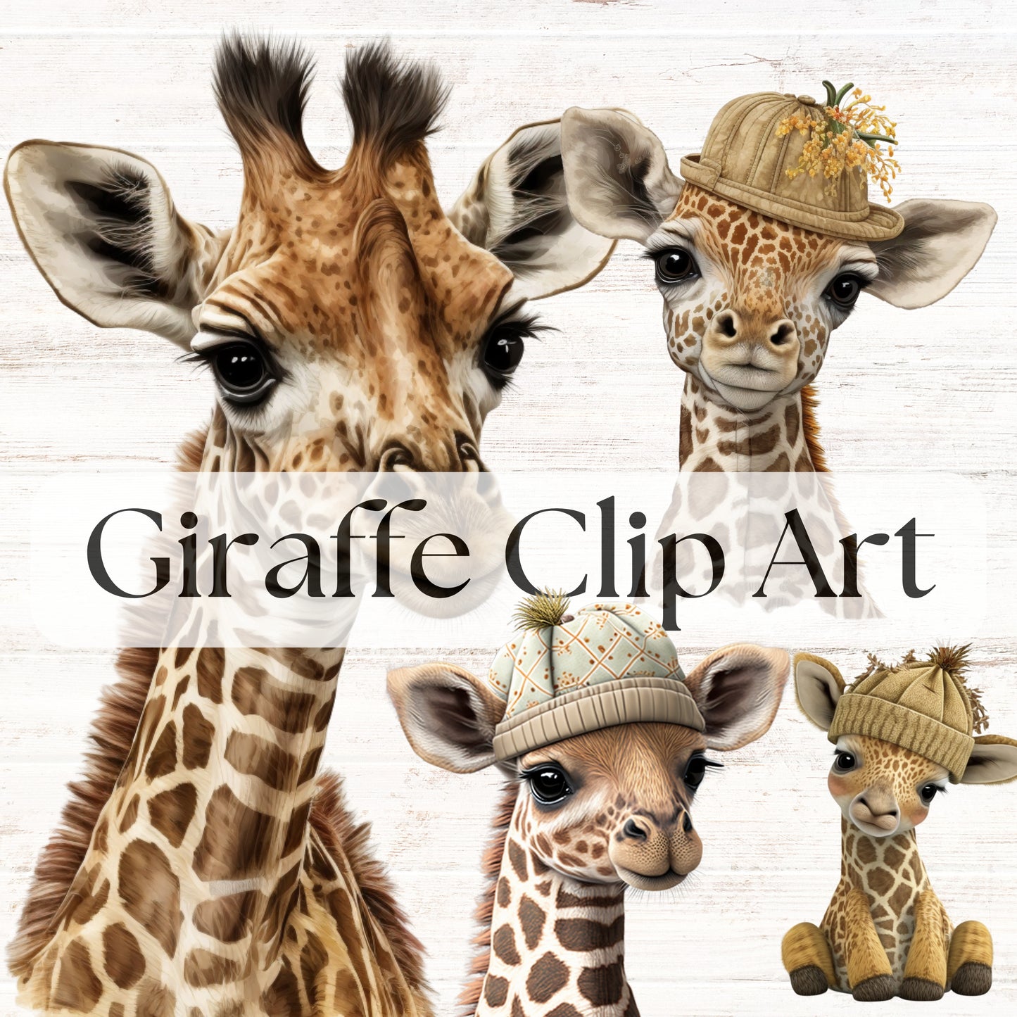 Giraffe clip art with four giraffes wearing hats on a light wooden background.
