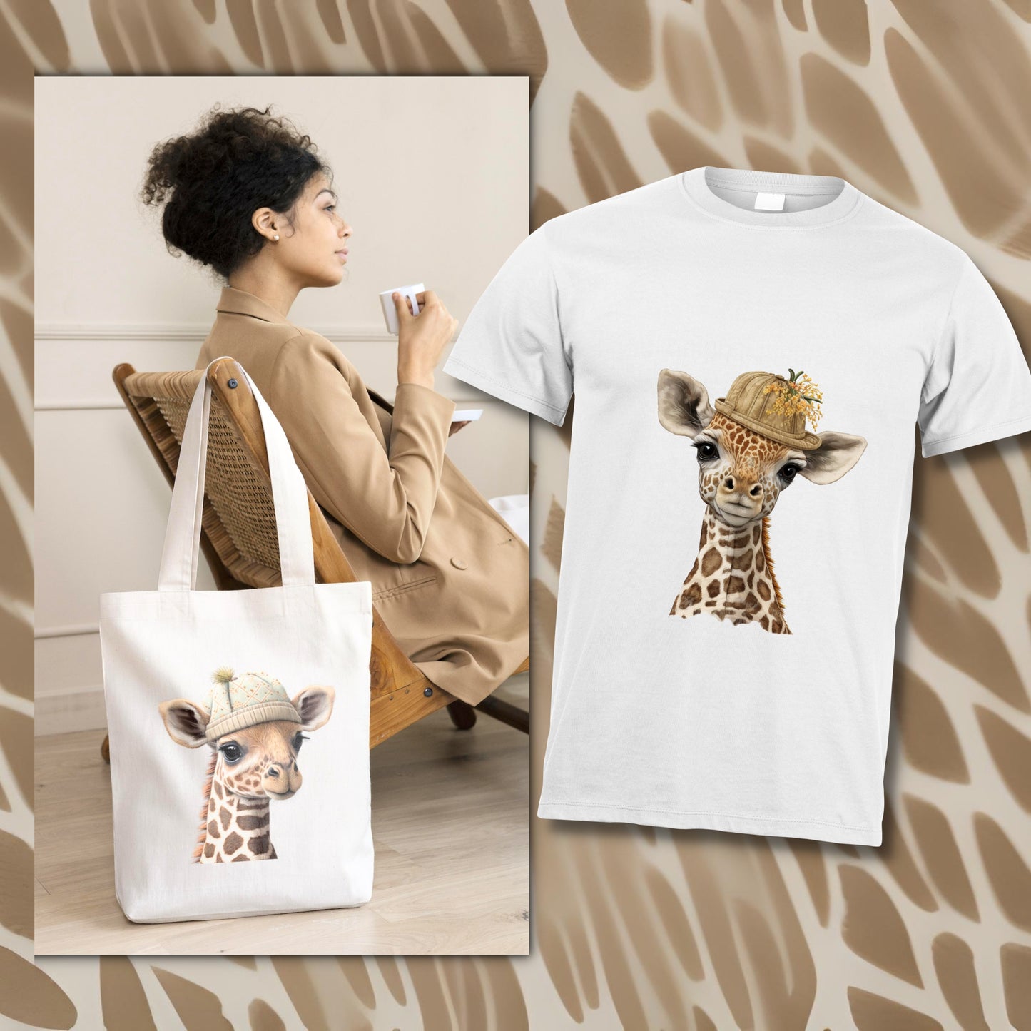 T-shirt and tote bag with giraffe design on a giraffe patterned background