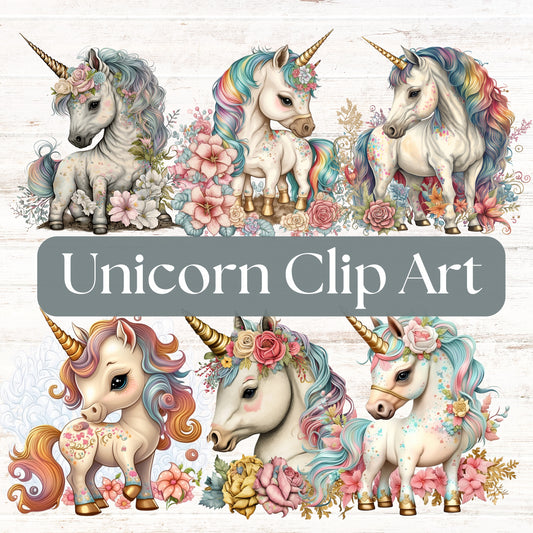 Unicorn clip art with colorful designs on a white background