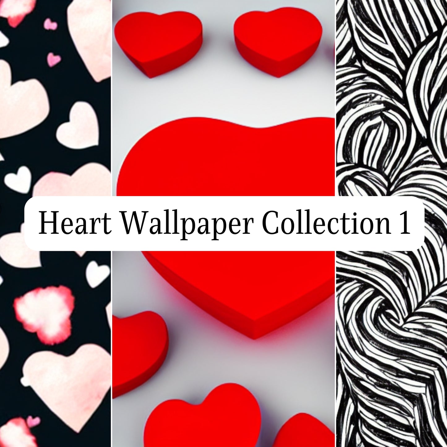 Collage of heart-themed wallpapers with different patterns and colors.