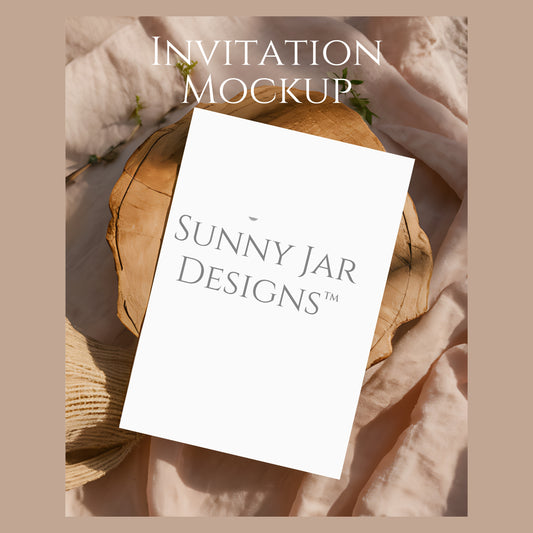 Invitation mockup with 'Sunny Jar Designs' on a white card against a soft, neutral background.
