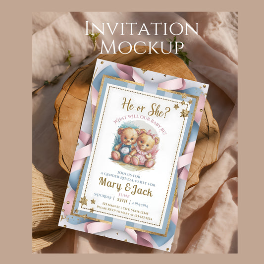 Invitation mockup with teddy bears and text on a decorative surface