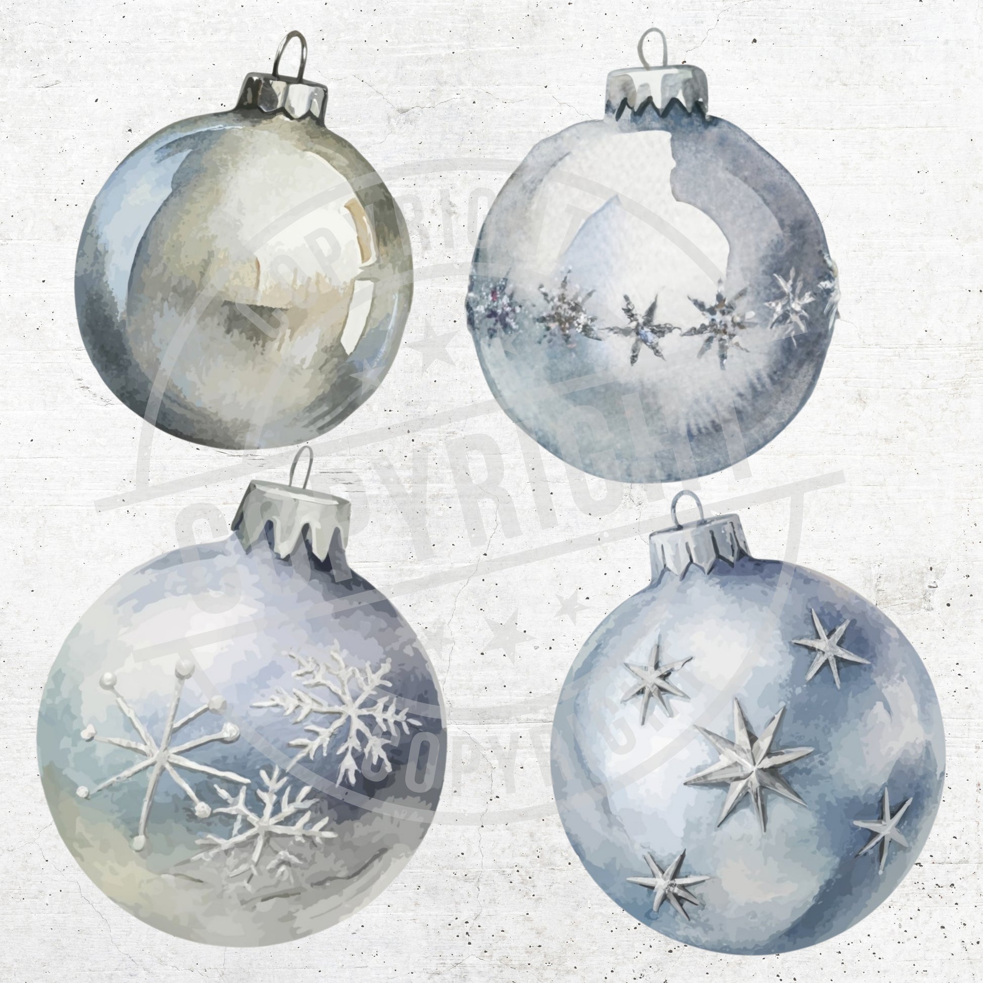 Four watercolor Christmas ornaments with snowflake designs on a light background