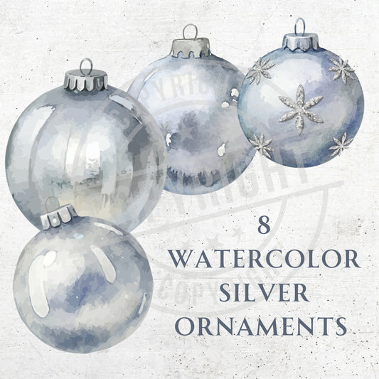 Set of watercolor silver Christmas ornaments on a light gray background