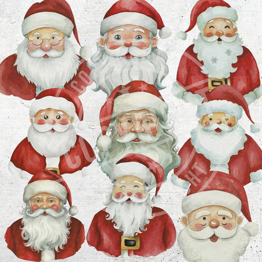Set of nine watercolor illustrations of Santa Claus on a textured white background.