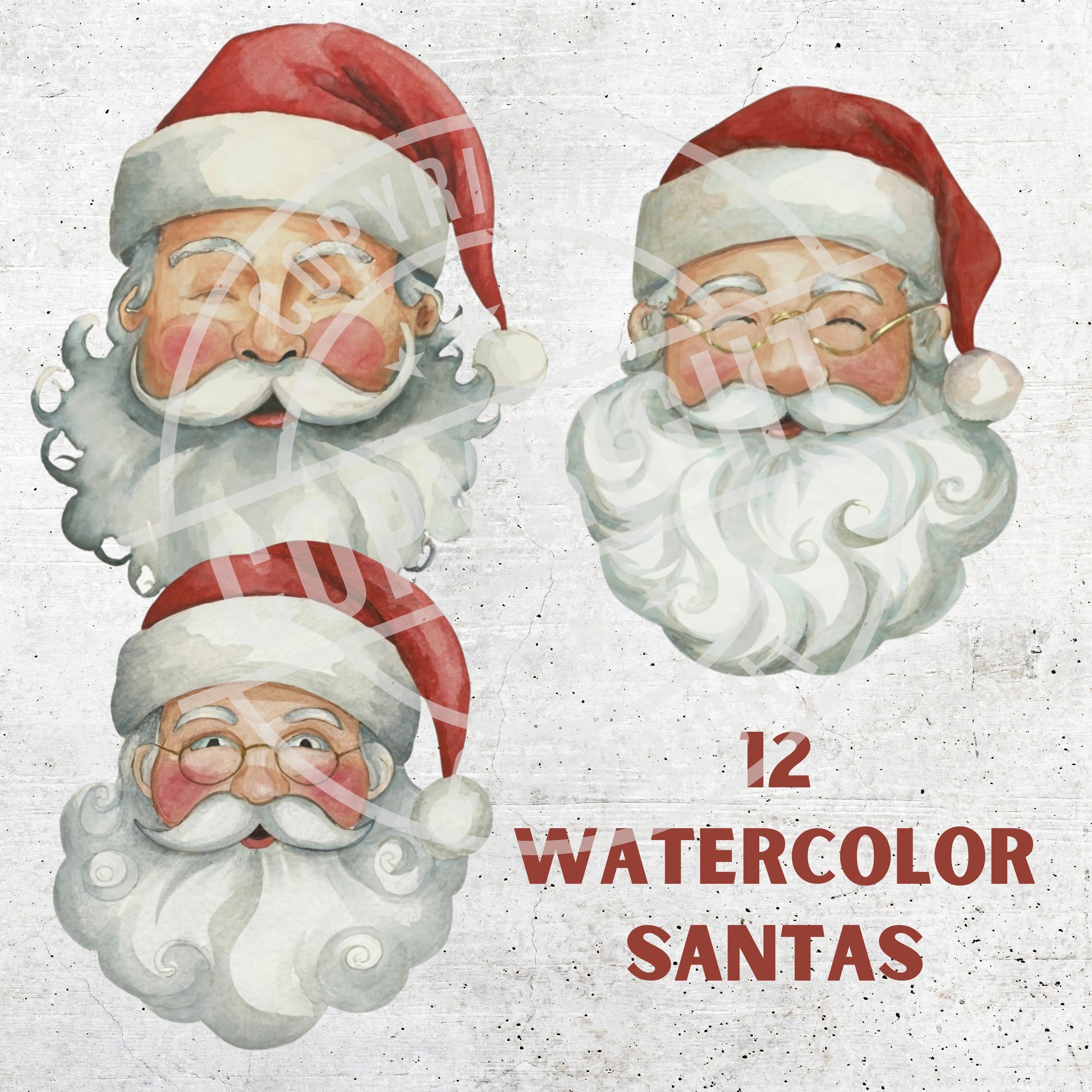 Three watercolor Santa Claus illustrations on a textured background with '12 Watercolor Santas' text.