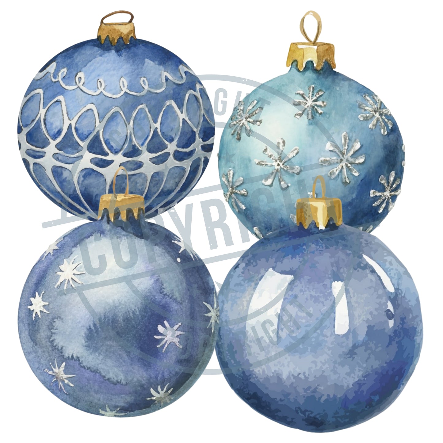 Four blue Christmas ornaments with gold accents on a white background