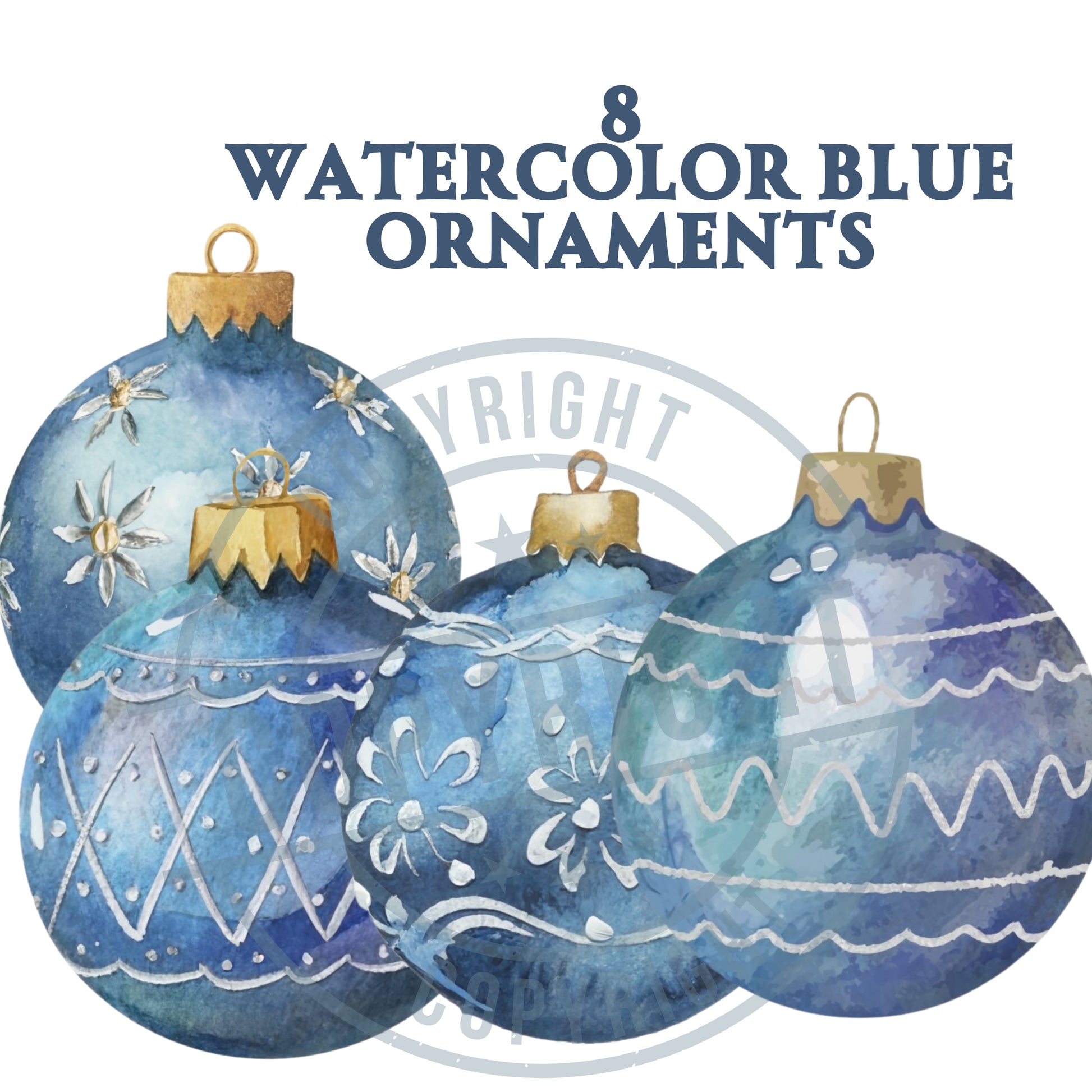 Watercolor blue Christmas ornaments with gold accents on a white background,