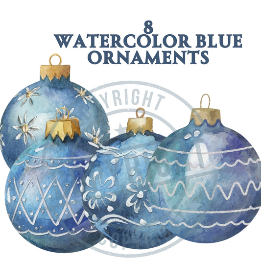Watercolor blue Christmas ornaments with gold accents on a white background,