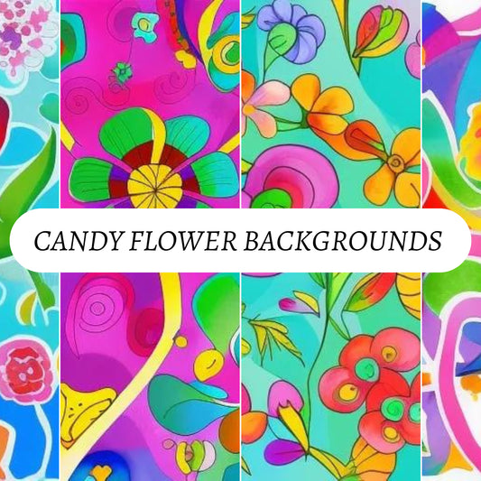 Collage of colorful candy flower backgrounds with the text 'CANDY FLOWER BACKGROUNDS'.