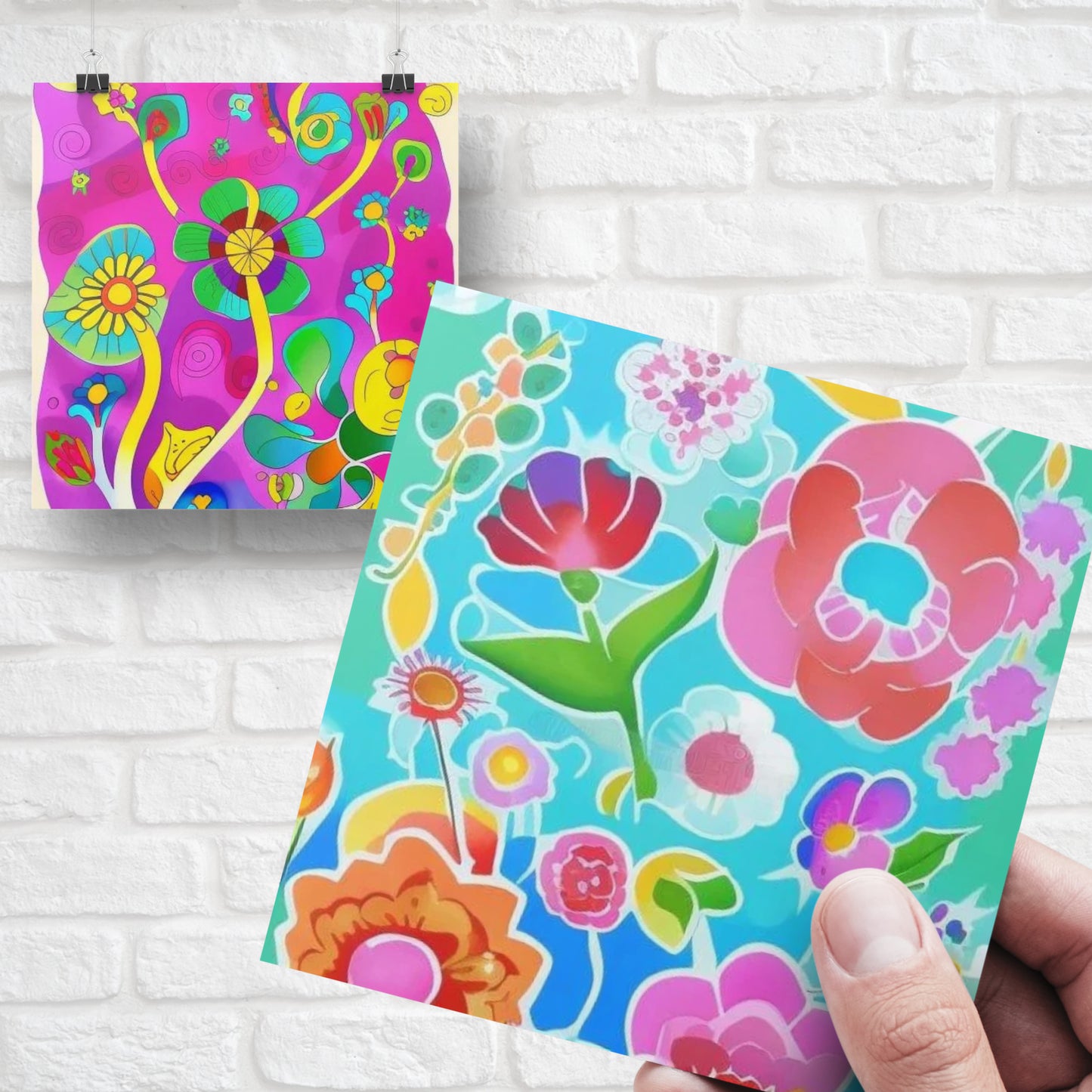 Colorful floral-patterned paper held by a hand against a white brick wall.
