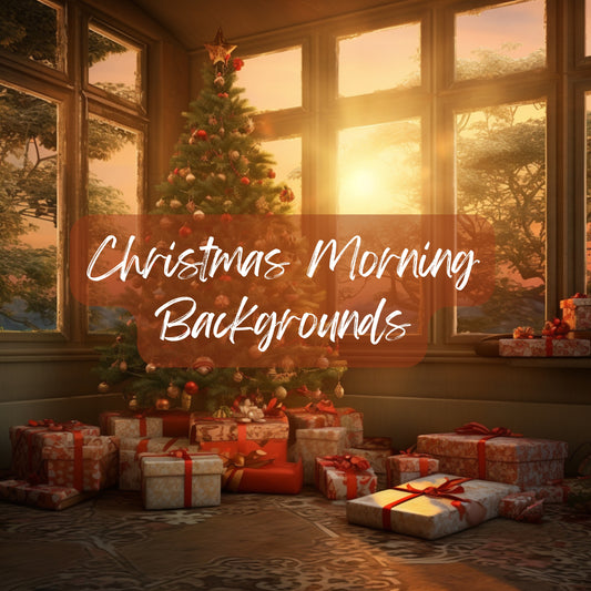 Christmas scene with decorated tree and presents in a room with large windows showing a sunset.