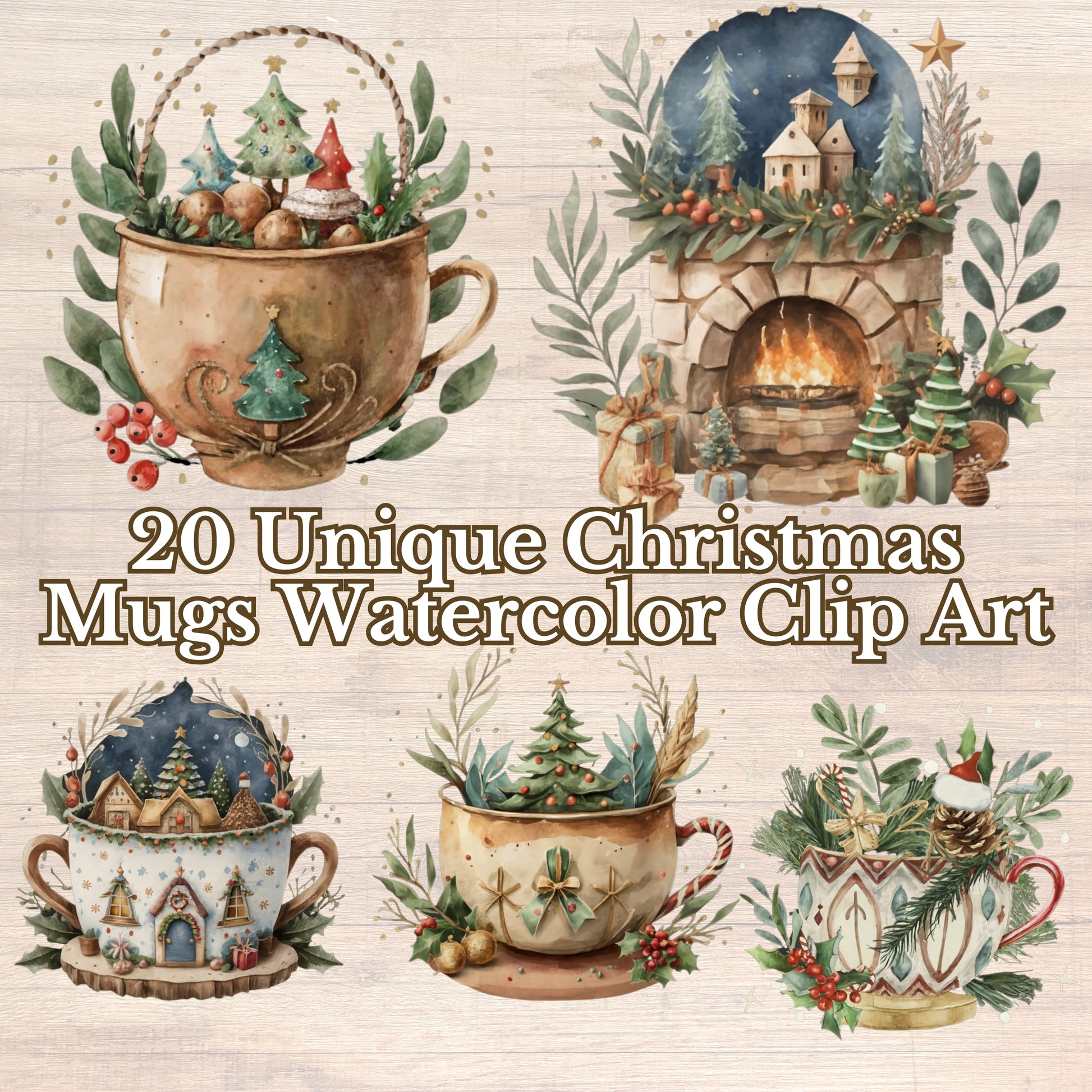 Set of Christmas-themed watercolor clip art featuring mugs and festive elements on a light background.