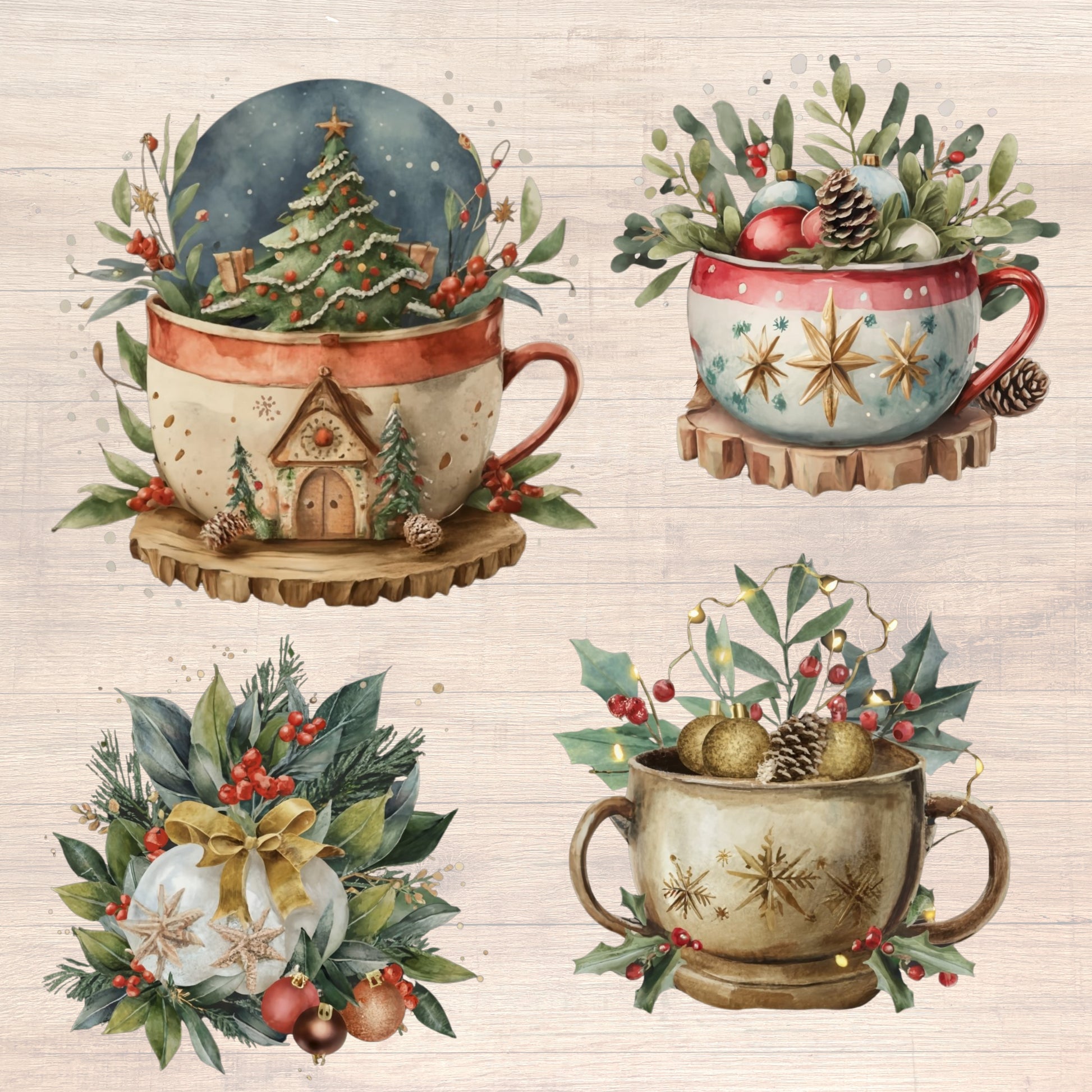 Decorative Christmas cups with festive elements on a wooden background