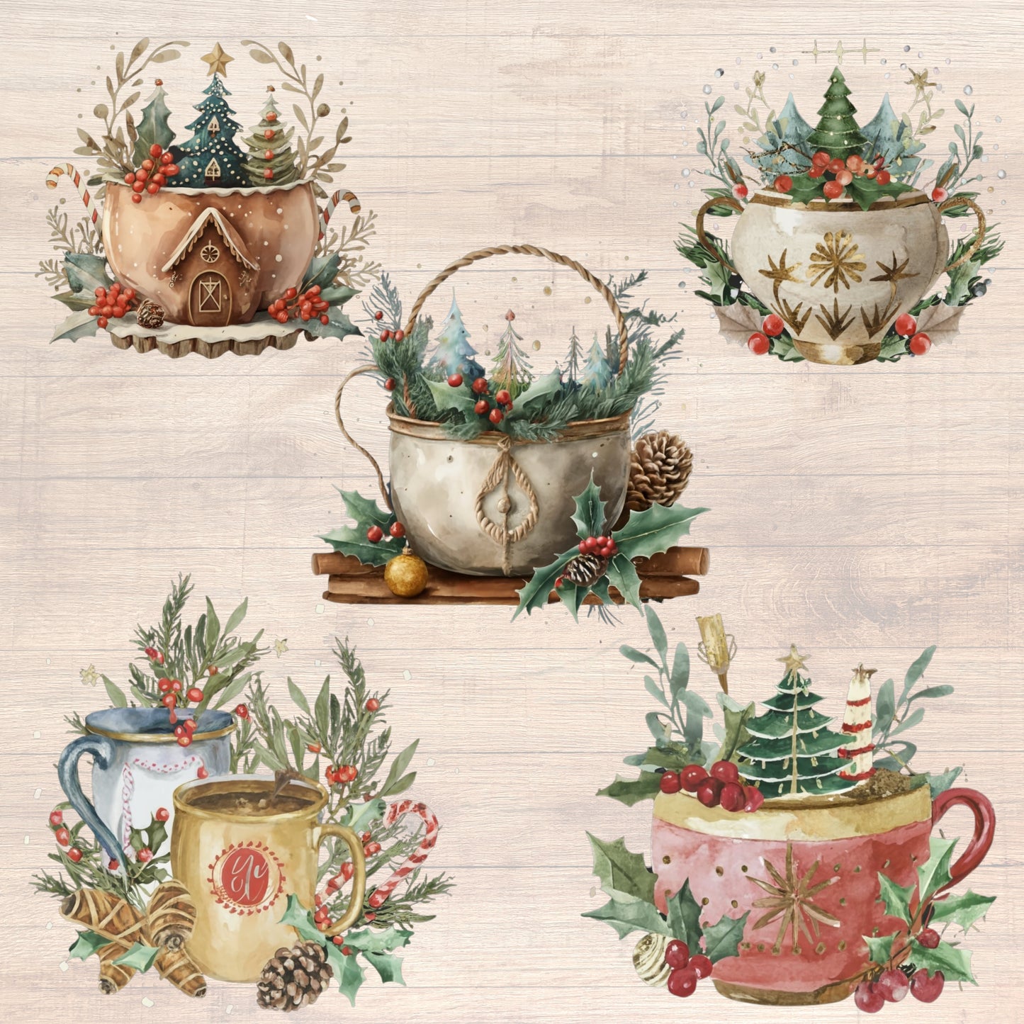 Decorative design of mugs, teapots, and Christmas elements on a wooden background