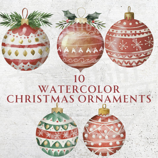 Five watercolor Christmas ornaments on a textured white background with text '10 Watercolor Christmas Ornaments'.