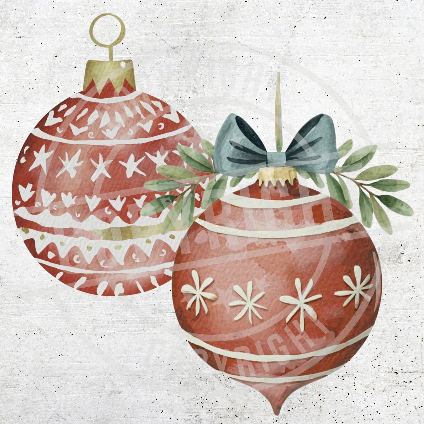 Decorative Christmas ornaments with patterns and a bow on a textured background