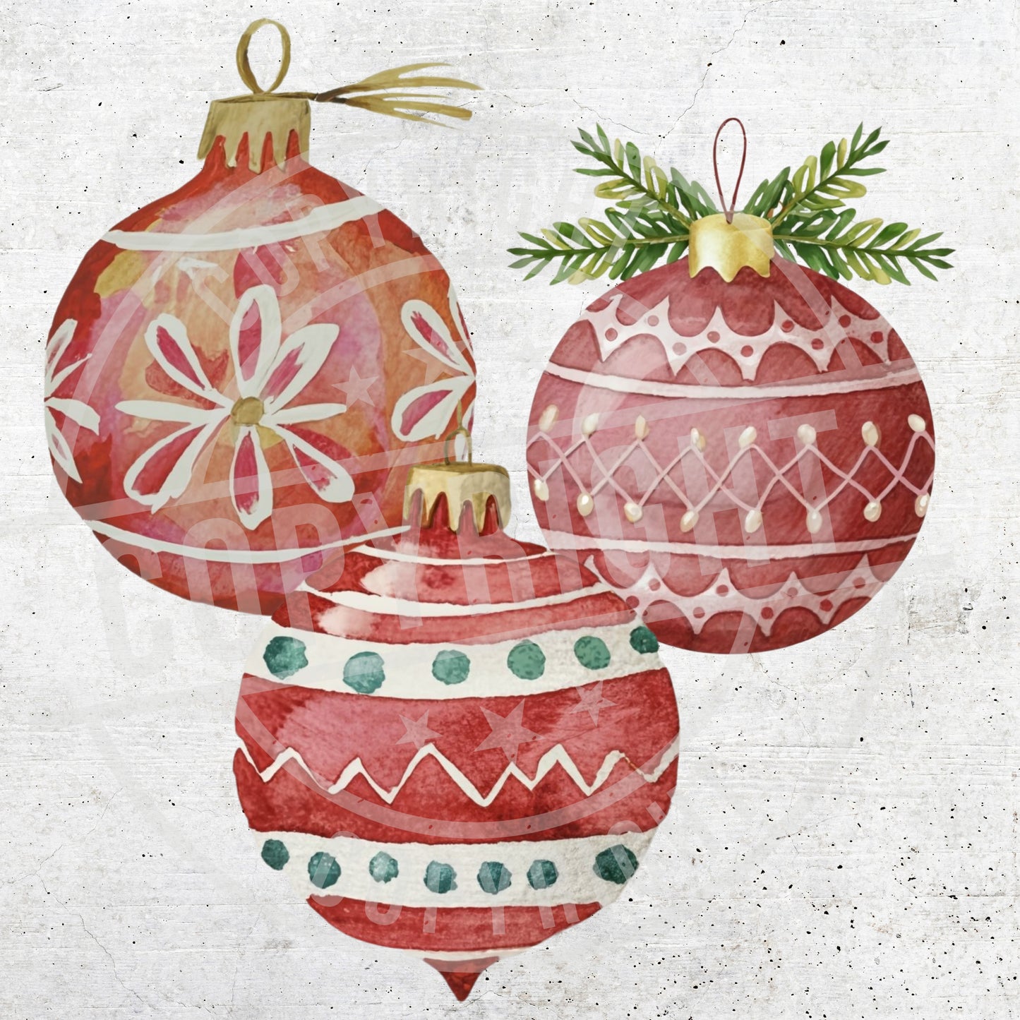 Three patterned Christmas ornaments on a textured white background