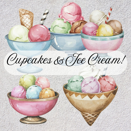 Illustration of ice cream bowls with colorful ice cream and text 'Cupcakes & Ice Cream!' on a textured background.