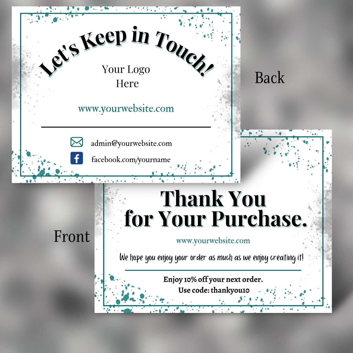 Two business cards with contact information and promotional text on a gray background
