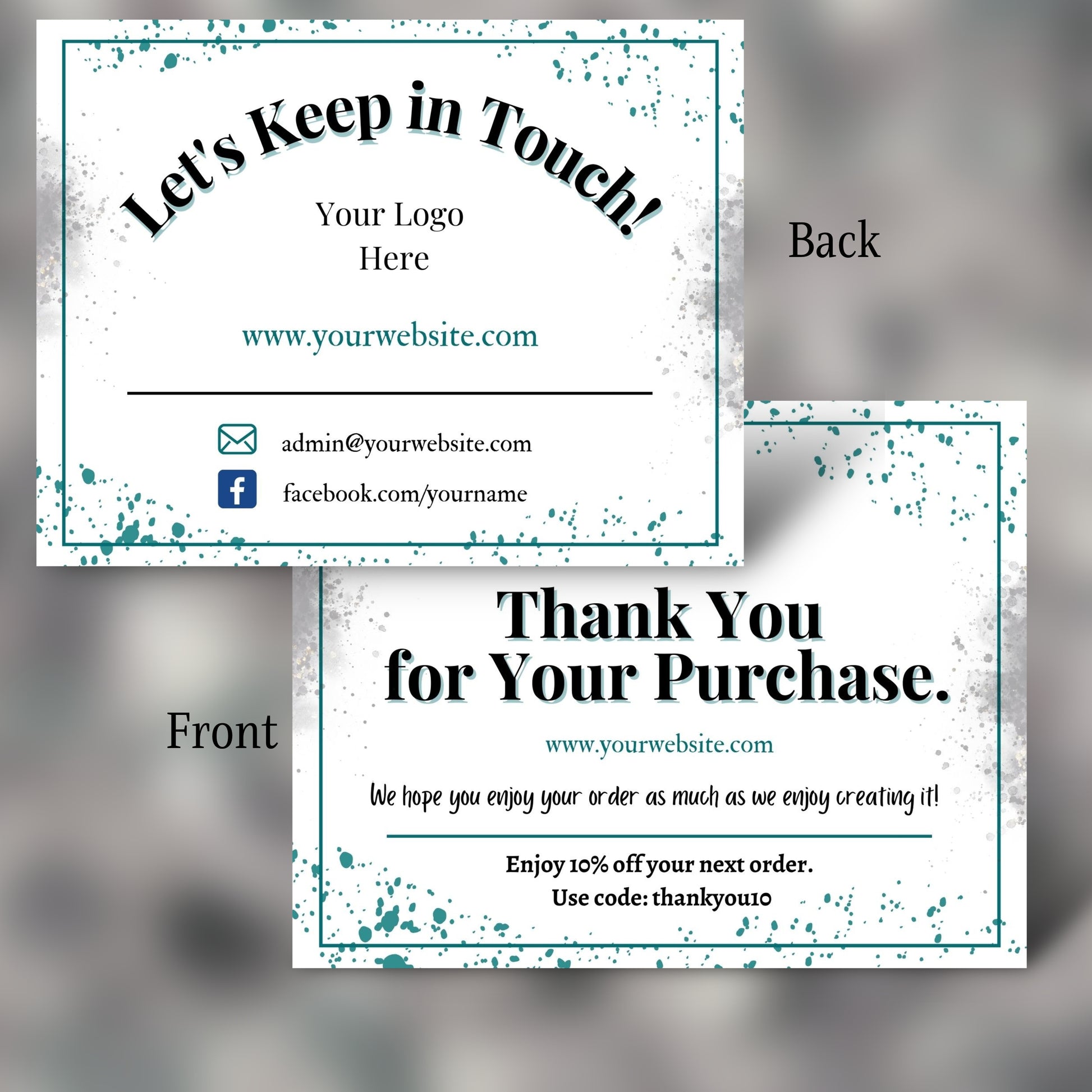 Two business cards with contact information and promotional text on a gray background