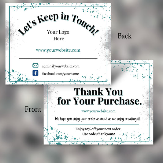 Two business cards with contact information and promotional text on a gray background