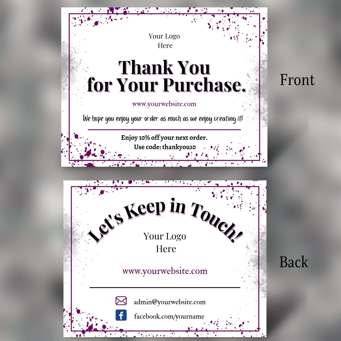 Two parts of a promotional card with front and back design on a blurred background