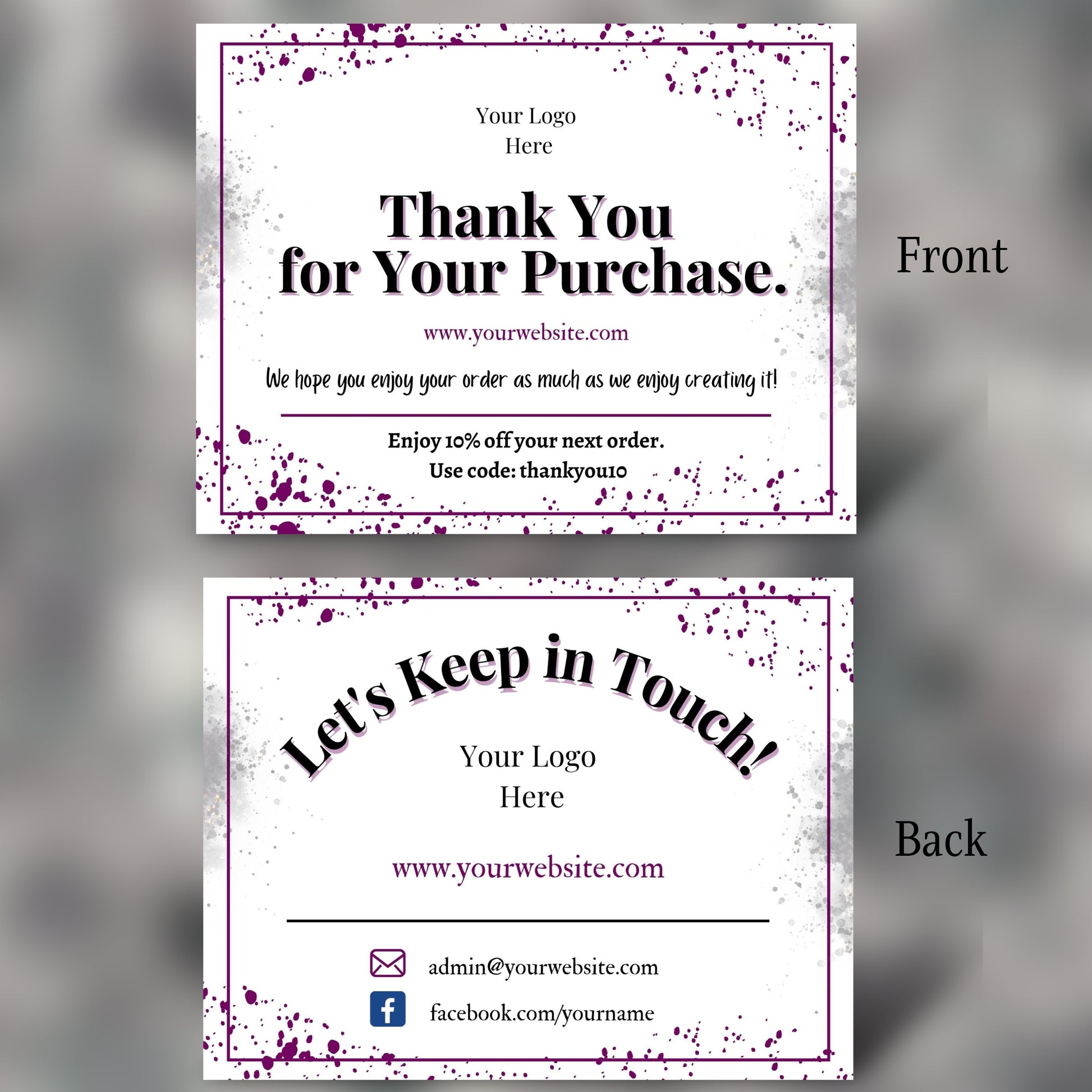 Two parts of a promotional card with front and back design on a blurred background