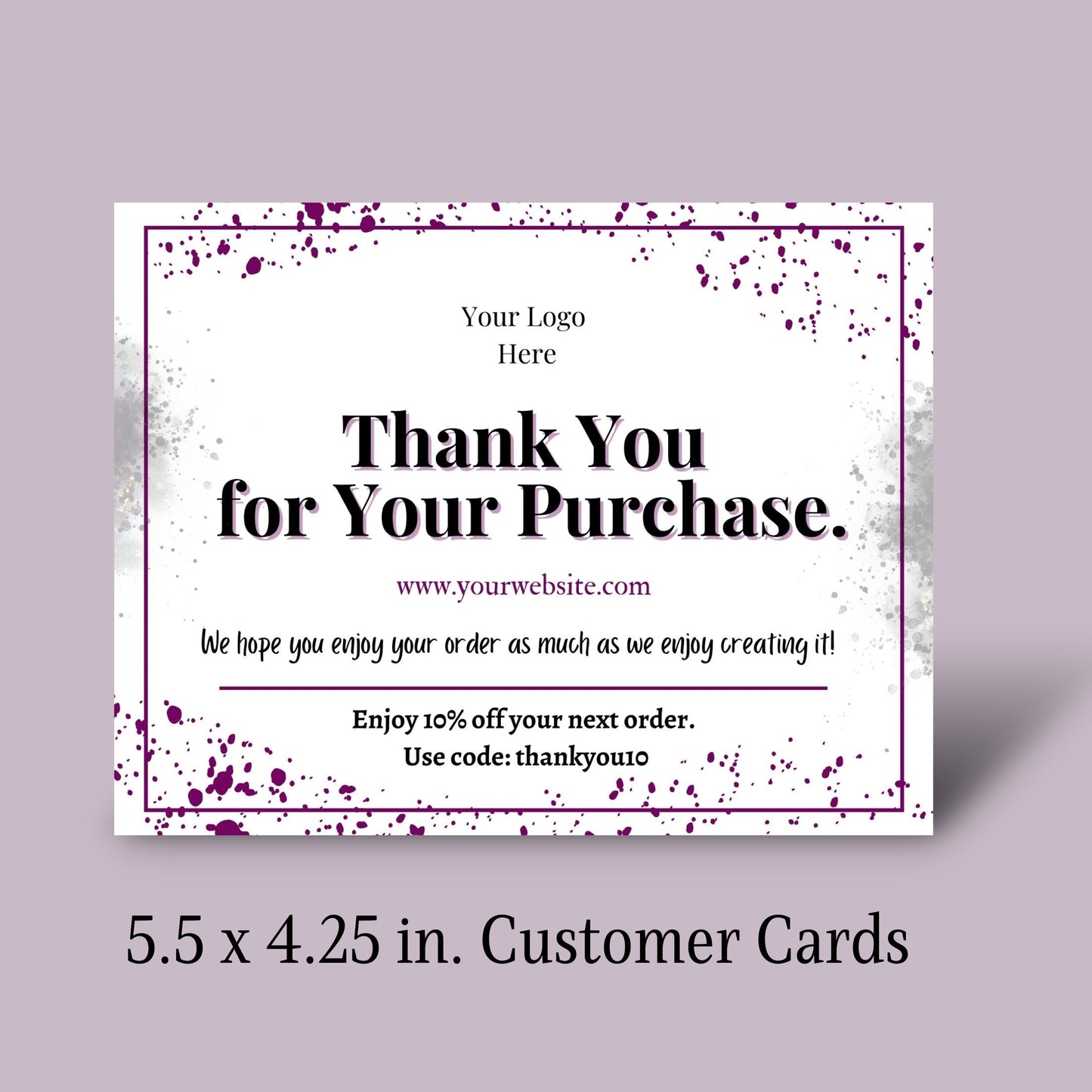 Customer thank you card with space for a logo and promotional text on a purple background