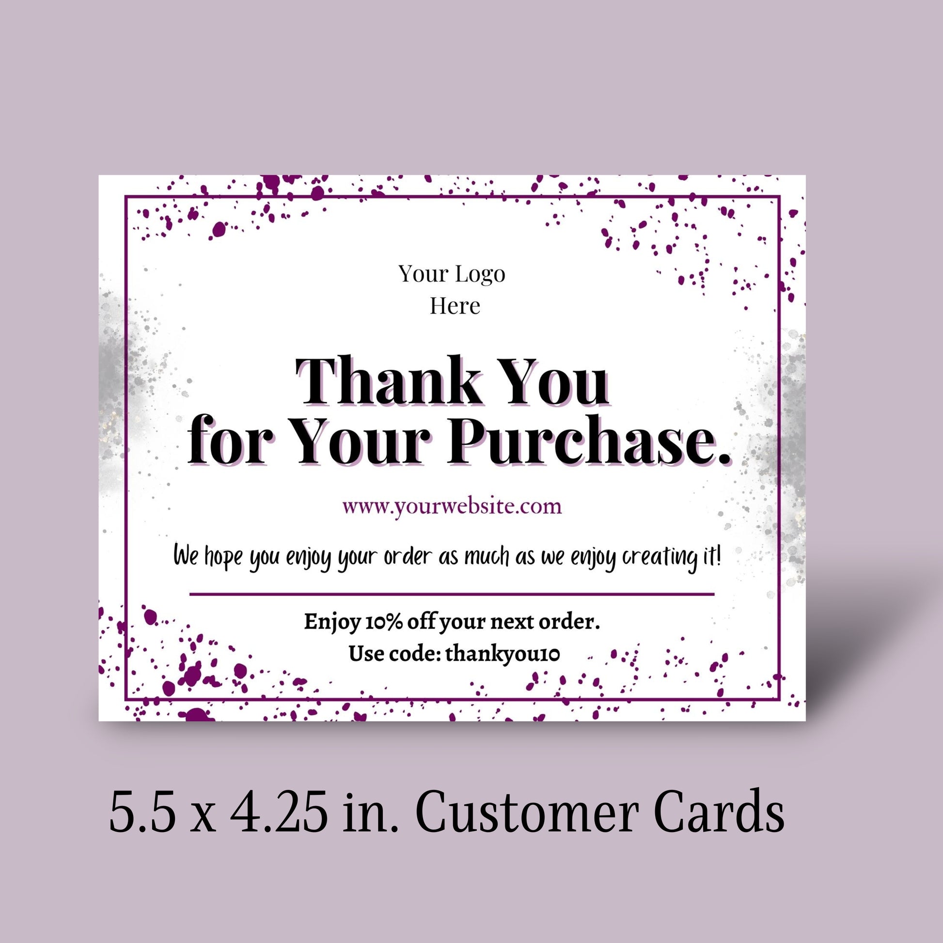 Customer thank you card with space for a logo and promotional text on a purple background