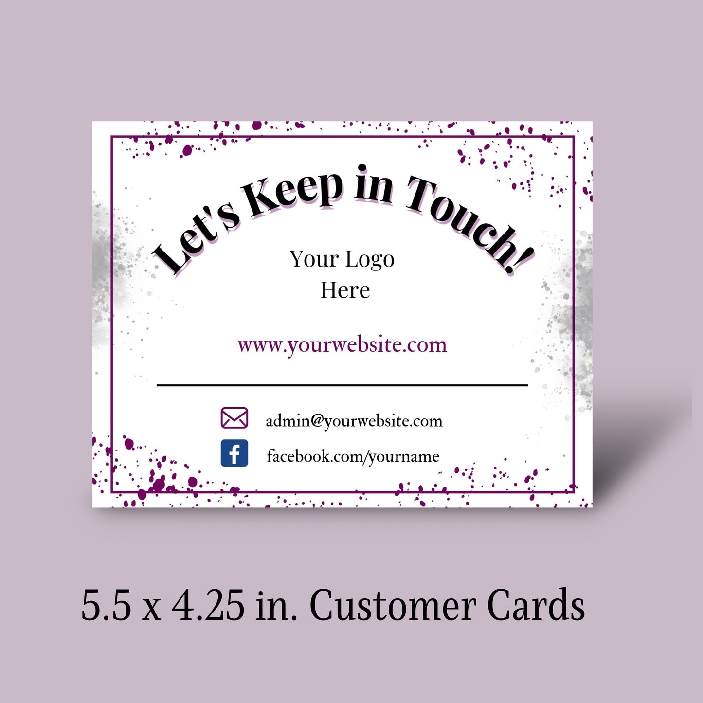 Customizable business card template with placeholder text on a light purple background